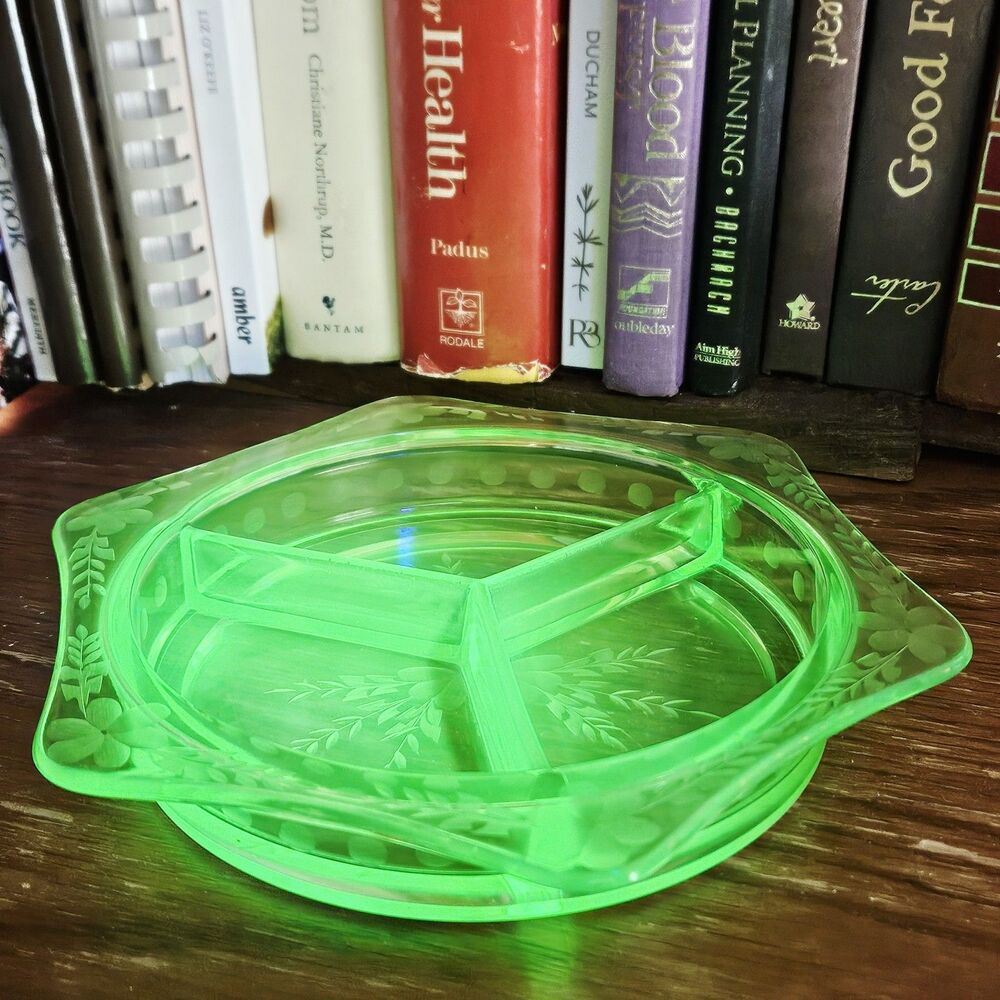 Vtg Green Uranium Vaseline Glass 3 Part Serving Dish Jewelry organizer Trinket